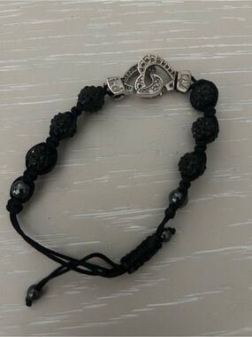 Black Beaded Macrame Bracelet with Silver Heart Handcuff Clasp, Real Blingy